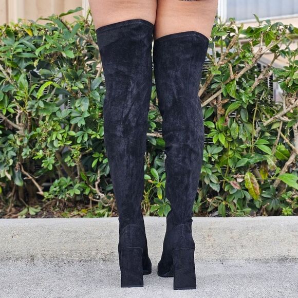 Women's Black Over The Knee pointed Chunky Block Heel Boots - Picture 4 of 6
